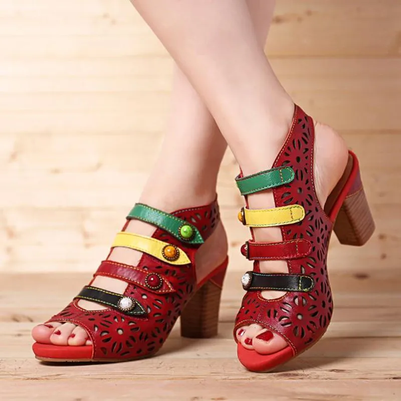 

Summer bohemian new handmade color striped comfortable high heel sandals Open Toe Roman sandals red big size Women's sandals