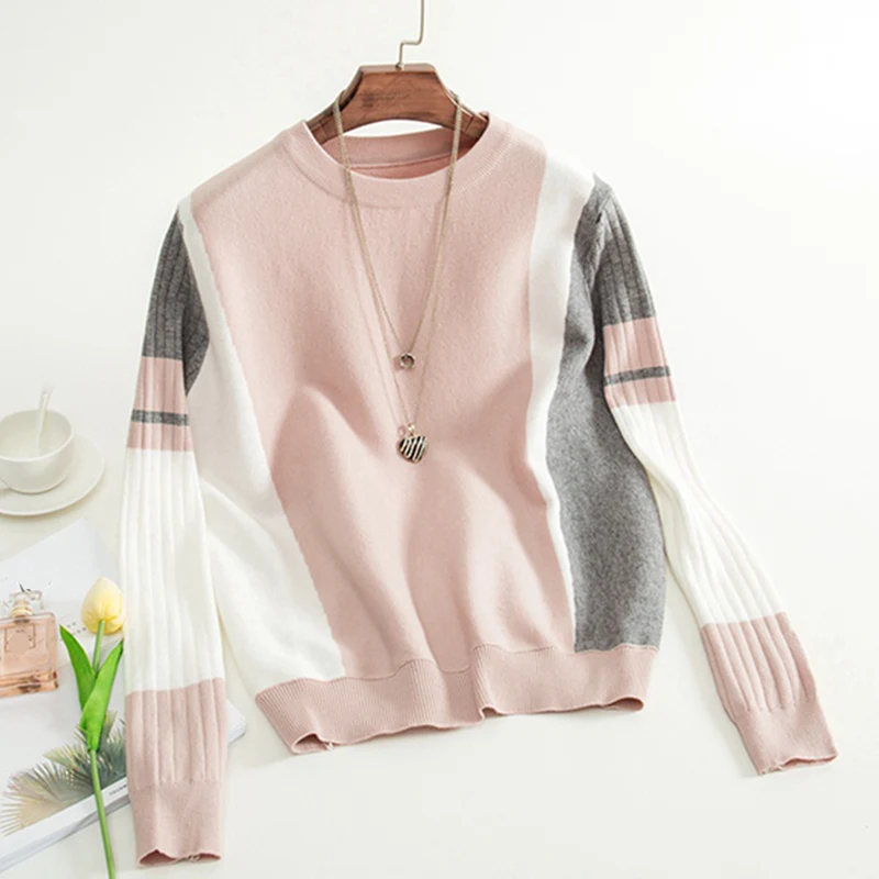 BYGOUBY Spring Autumn Knitted Sweater Women Loose Casual Jumper Fashion Patchwork Long Sleeves Pullover Femme Pull | Женская одежда