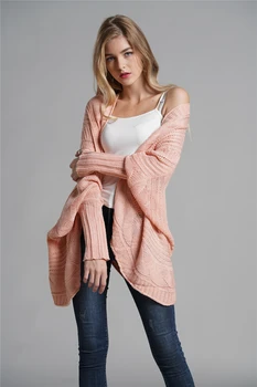 

Solid Pink Women Cardigan Outerwear Thick Sweater Coat Loose Pure Color Long Sleeve Overcoat Fashion Winter Knitwear Casaco