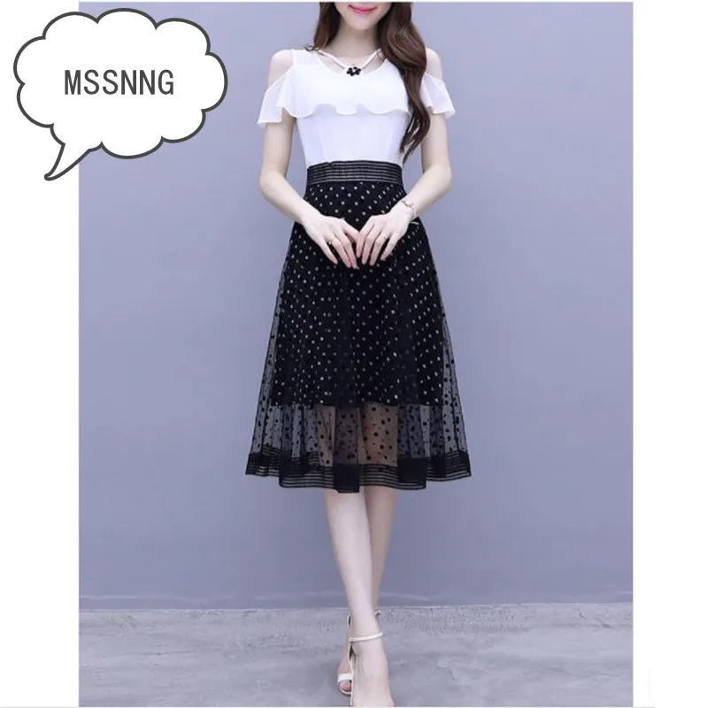 

MSSNNG 2019 summer popular new large size women stitching outfit V-neck small sexy strapless dot chiffon dress fashion quality Elegant wild party holiday dinner dress S- 3XL