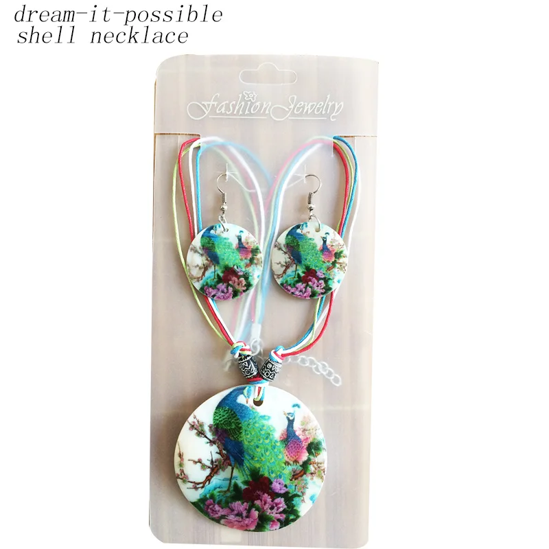 

Dream-it-possible new arrival Flower Print Peacock Color Bohemia Shell Necklace Earring set Women Round Shell pendant Necklace