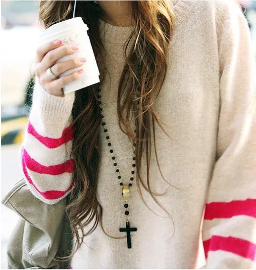 

Hot Selling New Long Chain Black Bead Cross Pendant Metal Vintage Retro Necklace N13