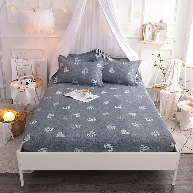 

Cartoon Gray+White Love Pattern Fitted Sheet Printing Cotton Bed Sheets Comfort Mattress Cover Bedding 3Pc Linens Bed Coverlet