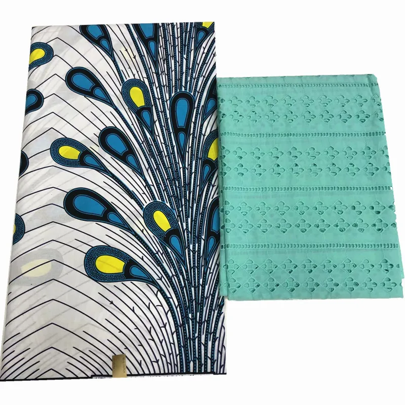 

100% cotton hollandais wax matching siwss lace fabric hot selling african wax print fabric with swiss lace set 3+2yards