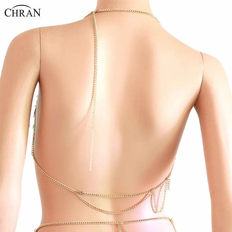 Chran Shine Bright Iridescent Blue Mermaid Sequin Disc Burner Babe Halter Bra Sexy Mesh Bikini Body Chain Jewelry