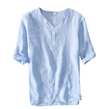 

V-neck design 100% linen shirts men brand clothing men shirt summer casual shirt mens blue fashion shirts male solid camisa