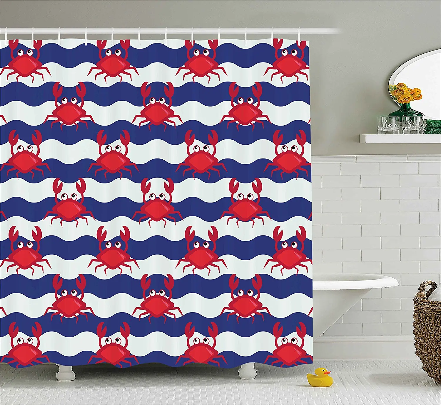Crabs Shower Curtain Nautical Maritime Theme Cute Crabs on Striped
