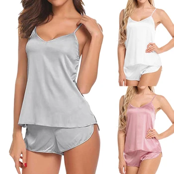 

2 PCS Womens Sleepwear Satin Pajama Cami Set Silk Solid Nightwear Lingerie GDD99