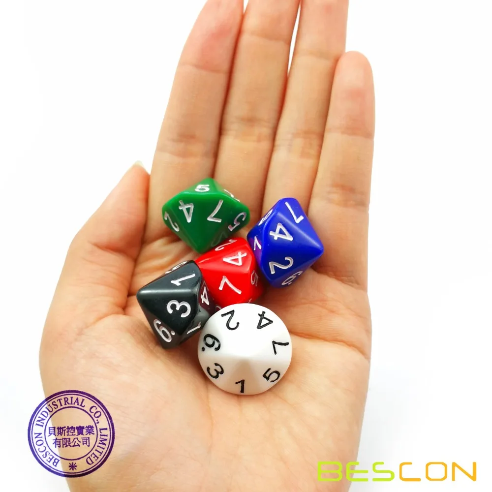 BESCON 5pcs Pack of D14 Dice Numbered 1 to 7 Twice - 14 Sides Dice Assorted Colors of 5 Set 4