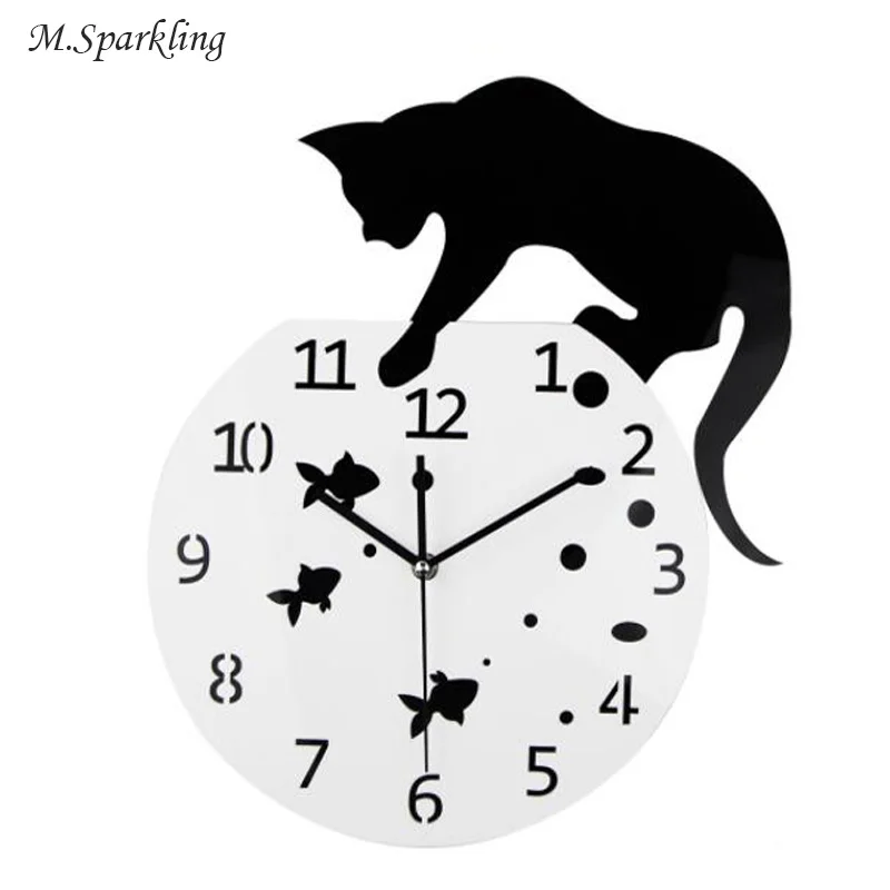 

M.Sparkling Modern Wall Clock Cat and Fish Story DIY Needle Hanging Clocks Living Room Decorations Duvar Saati Relogio De Parede