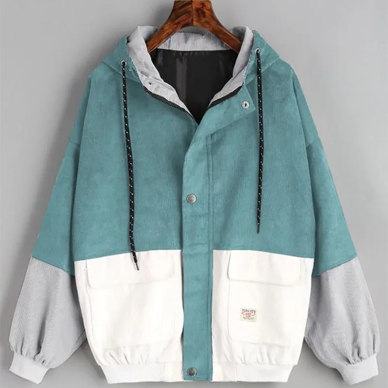2019 Korean version of the college wind student loose color matching hooded baseball uniform corduroy tooling jacket female spot