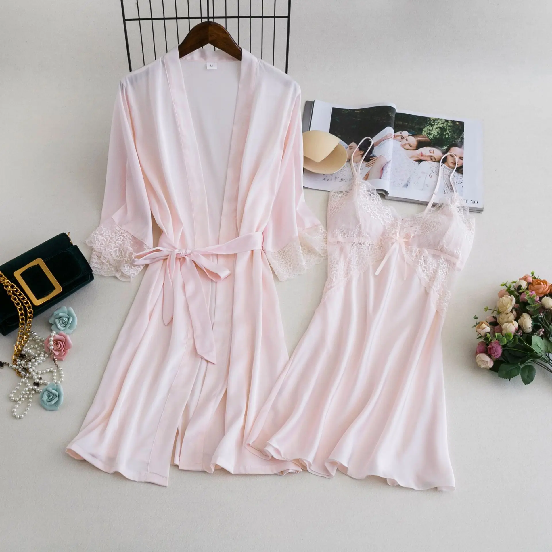 MECHCITIZ Women Robe Gown Sets 2 Piece Nightdress Bathrobe Summer Sleepwear Female Satin Kimono Silk Robes Sleepwear Lounge Suit - Цвет: Розовый