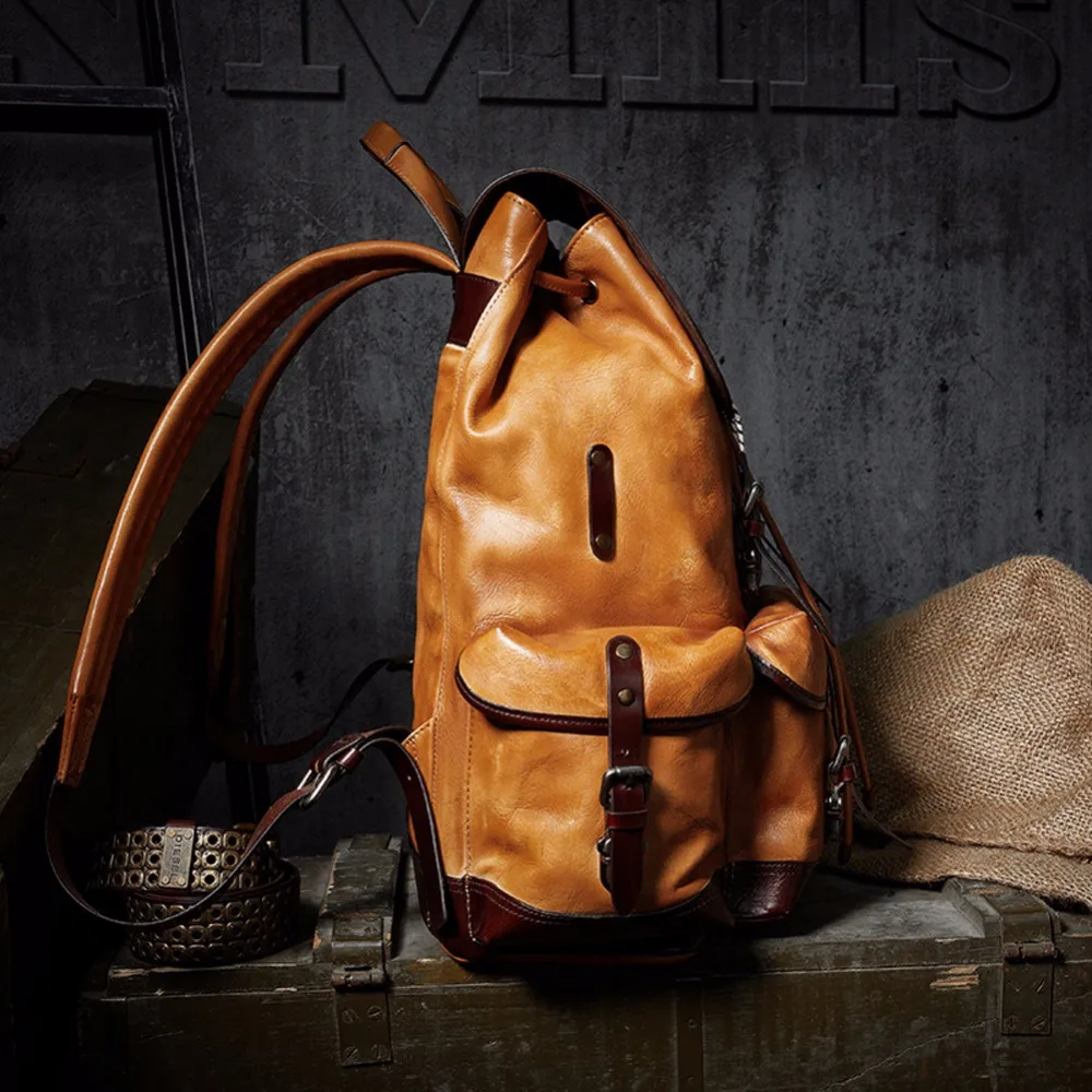 Роскошный рюкзак из коровьей кожи, Большой Вместительный мужской рюкзак для путешествий, альпинизма, ручной работы, на шнурке, несколько карманов, рюкзак, рюкзак