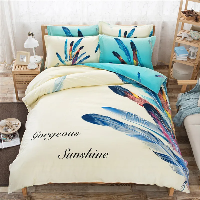 

Bohemian style bedding set feather white blue Duvet Cover set bed sheet pillowcase 3/4pcs Twin queen size bedclothes adult/kids