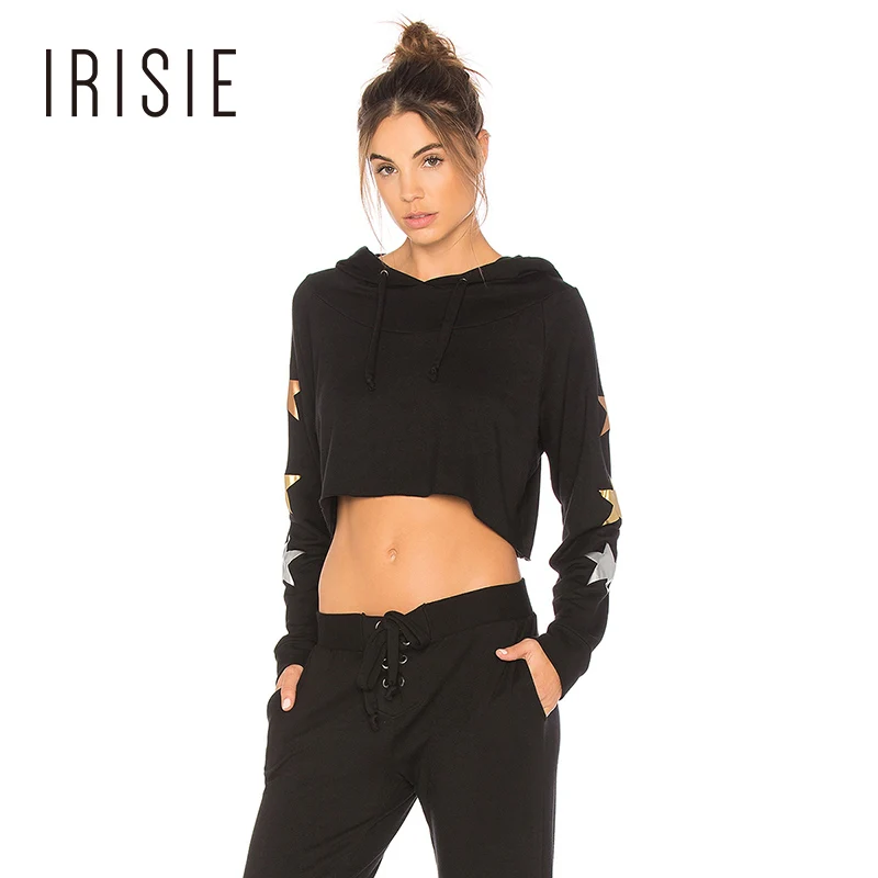 IRISIE New Fashion Women Short Sweatshirt Solid Black Long