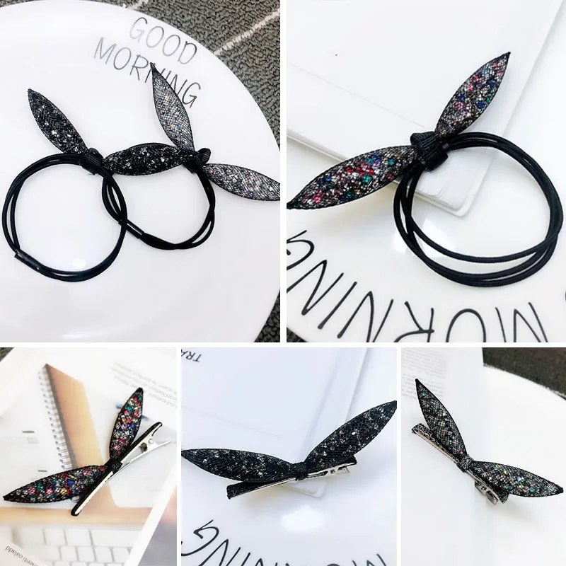 

LNRRABC Korean colorful crystal hair rope rabbit ears hair rope ponytail hair accessories bohemian elastic bands hair bow