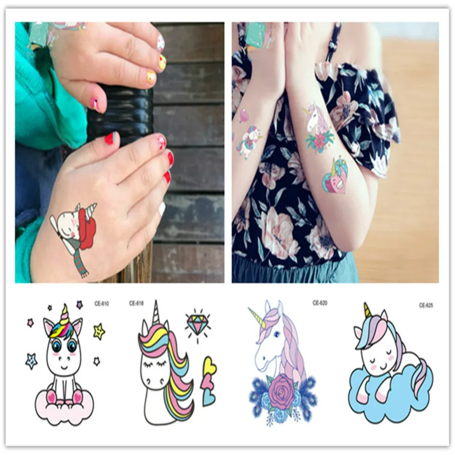

1PC Colorful Cartoon Diamonds Unicorn Temporary Tattoo Sticker Women Minimalist Lines Pattern Body Art Design Girls Fake Tattoos