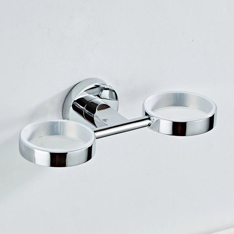 SRJ Stainless Steel Chrome Cup Holder Bathroom Washing Cup Toothbrush Embedded Double Cup Holders Household Bathroom Mug Holder