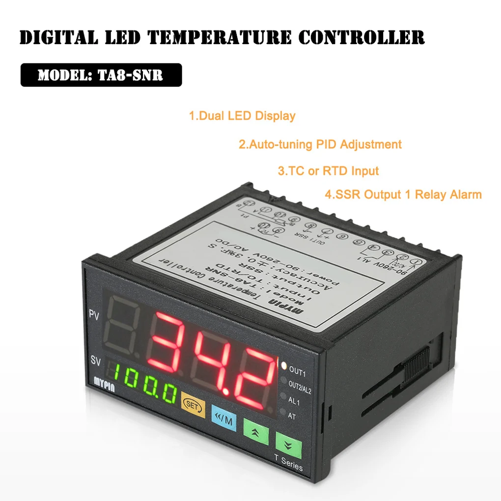 

TA8-SNR 90-265V AC/DC MYPIN Dual Digital F/C PID Temperature Controller SSR Output 1 Relay Alarm Thermometer