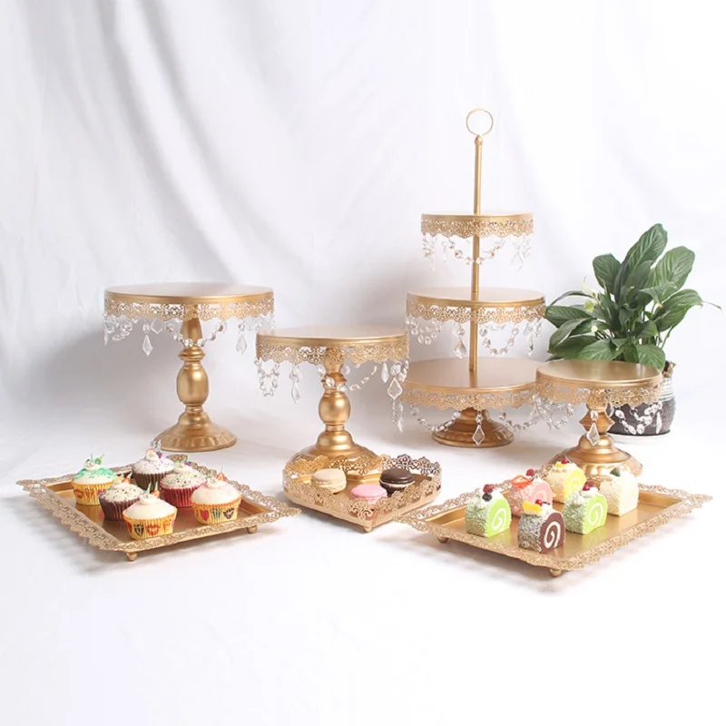 

Gold White Wedding Dessert Tray Cupcake Pan cake display table decoration Party Supply 7PCS / Set crystal candy bar Cake Stand