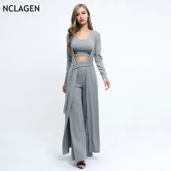 

NCLAGEN 2018 Women Fashion 3 Pieces Set Knitted Tanks Ribbed High Waist Wide Leg Sweat Pants & Oversize Long Trends Suit Set