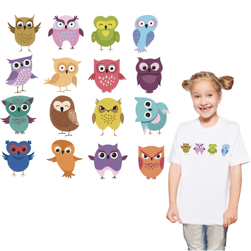 

children's owl stickers for clothes new design colorful iron patches washable thermal transfer on Jumpsuit for baby deco diy