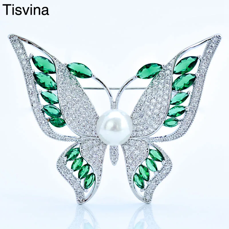 Tisvina, женские жемчужные броши-бабочки, изысканные ювелирные изделия для костюма, брошь для офиса, брошь на булавке, инкрустированная цирконием, золотой или серебряный цвет, подарок