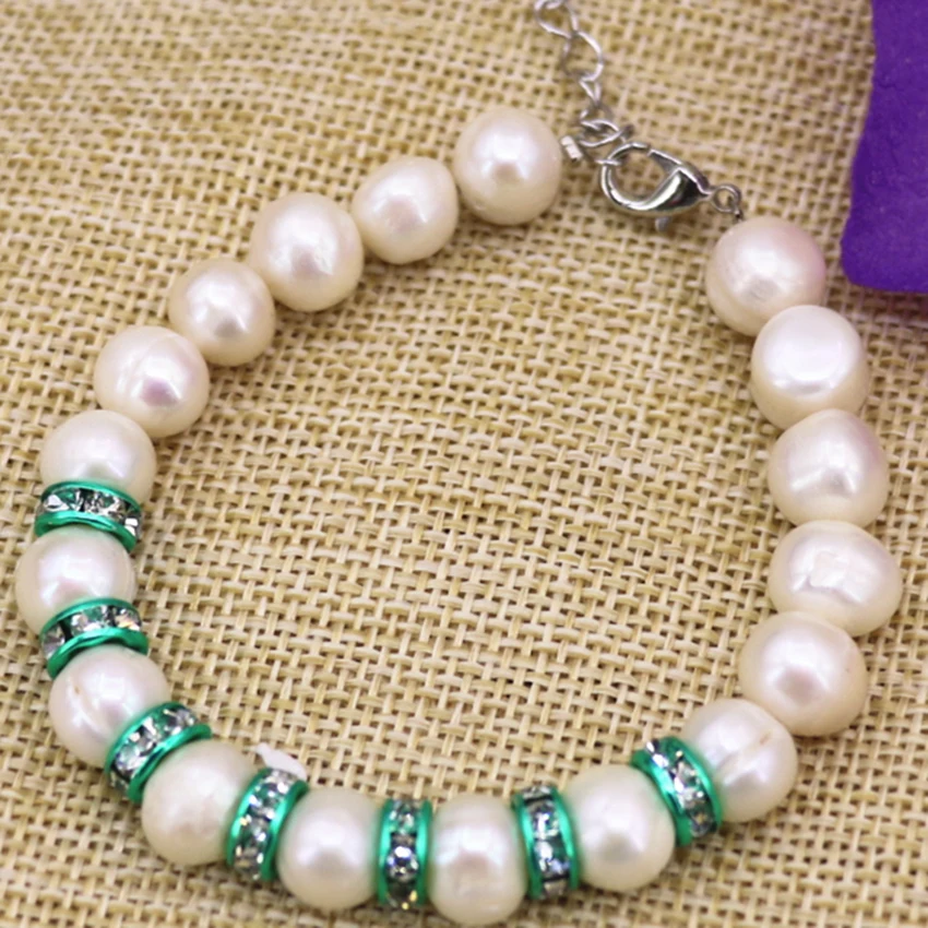 High grade gifts women strand bracelets & bangle natural white pearl nearround 9-10mm beads beaded elegant jewelry 7.5inch B3091