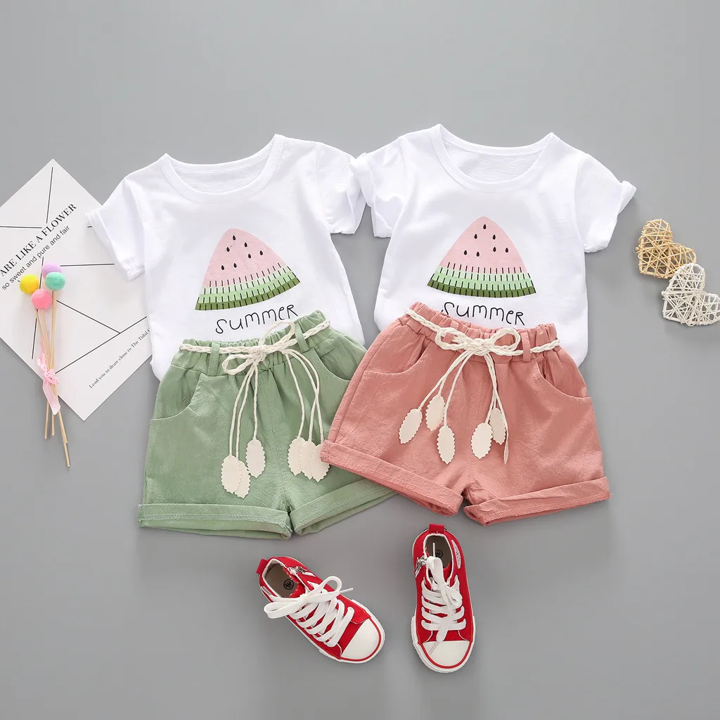 Г. Летний комплект для маленьких девочек, футболка с короткими рукавами, круглым вырезом и надписью «арбуз»+ шорты, яркие комплекты одежды для девочек