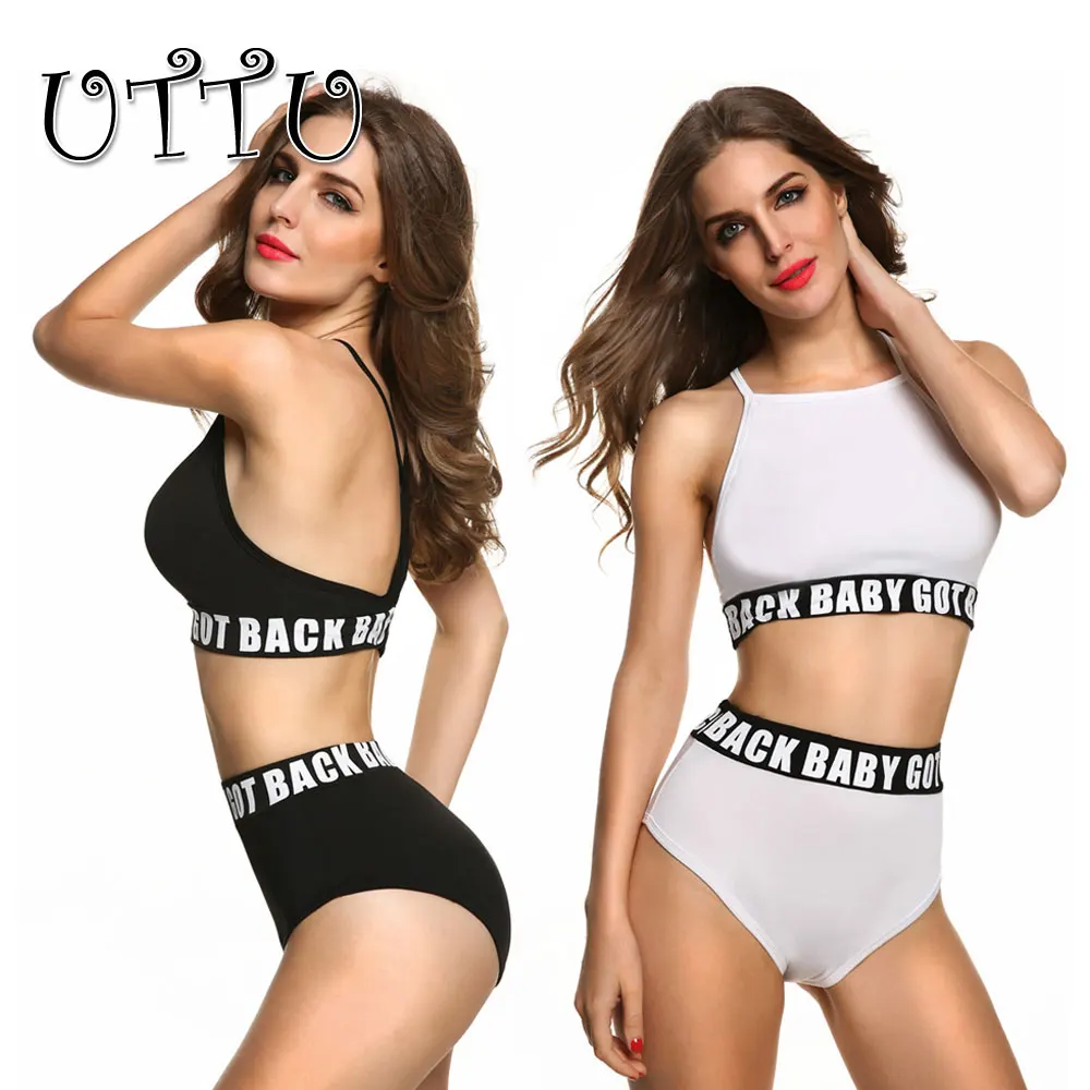 uttu a vita alta crop bikini nero del costume da bagno stampa lettera bambino ottenuto back