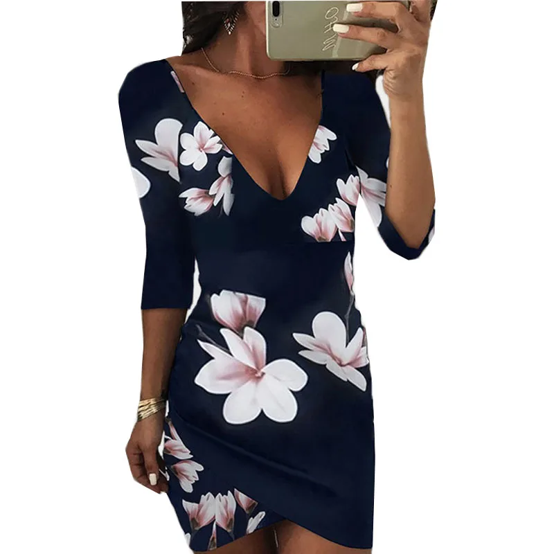 

2018 Women dress new hot selling backless flower print sexy v-neck half sleeve bag hip mini women dresses vestidos ONY0934