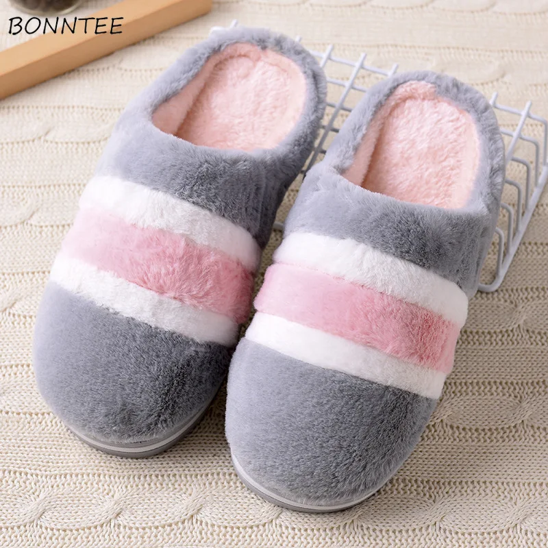 

Winter Slippers Women Warm Plush Striped Indoor Slipper Plus Size Non-slip Leisure Lovers Home Shoes Womens Simple Soft Bottom