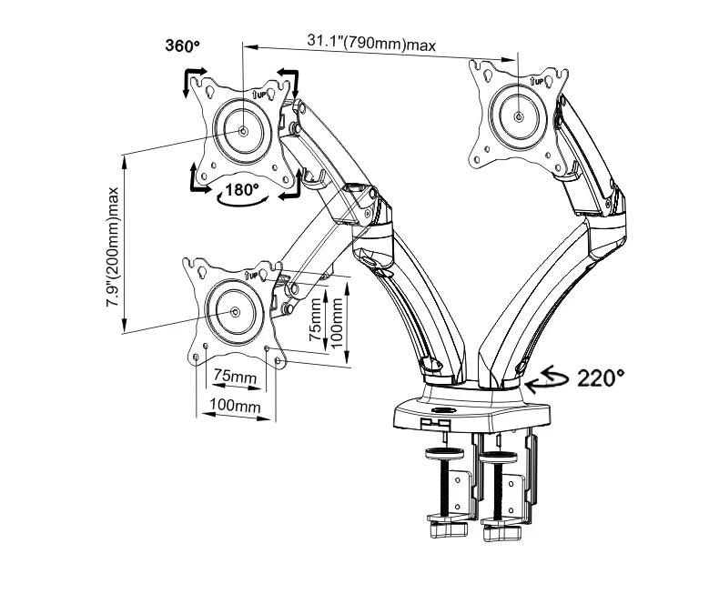 Nb F160 2" Полное движение воздушный пресс газовая стойка двойной ЖК-телевизор крепление двойной монитор экран 360 Поворот USB3.0 Настольный держатель кронштейн