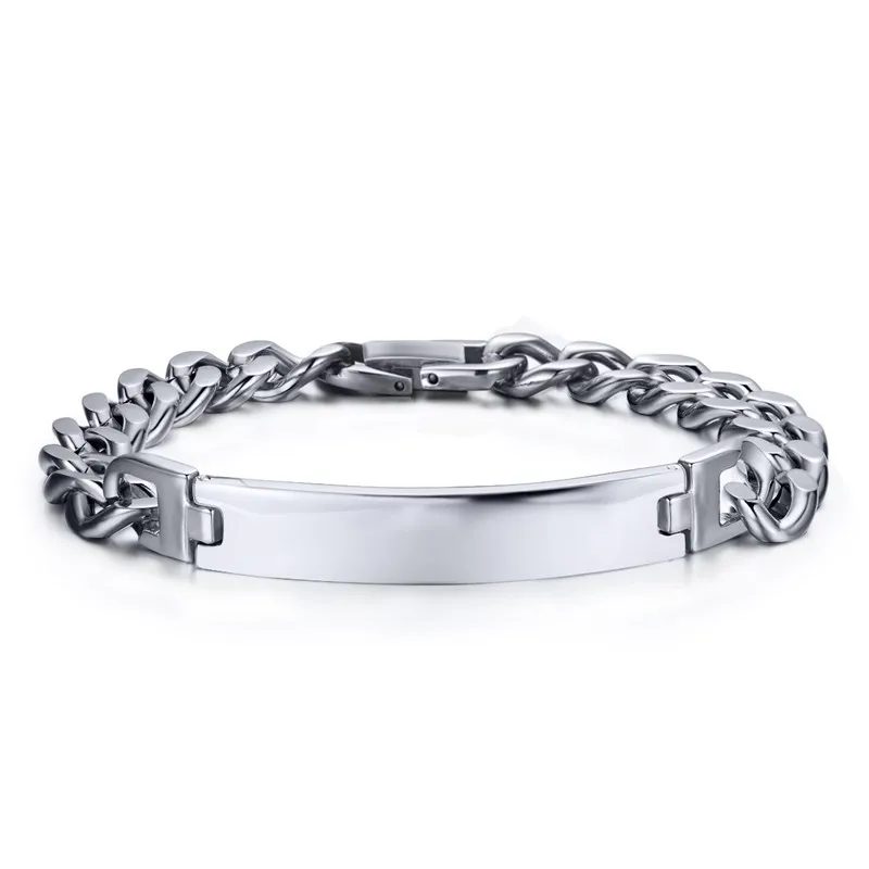 Silver Color Link Chain Rectangle Charm Bracelet 22cm Stainless Steel