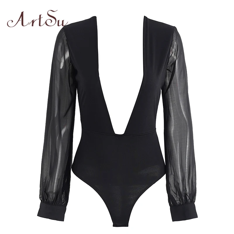 ArtSu Sexy Mesh Women Bodysuit Black Club Playsuit Romper V Neck Body Long Sleeve Female Bodysuits Overalls Tops ASJU30049 ArtSu Sexy Mesh Women Bodysuit Black Club Playsuit Romper V Neck Body Long Sleeve Female Bodysuits Overalls Tops ASJU30049