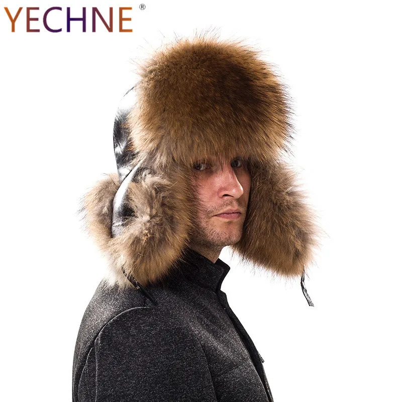 Leather Bomber Hat Genuine Fox Fur Male Hats Real Raccoon Lei Feng Cap