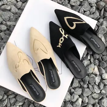 

Women Velvet Mules Low Heels Pointed Toe Embroidery Slip Ons Slides Lady Summer Slippers