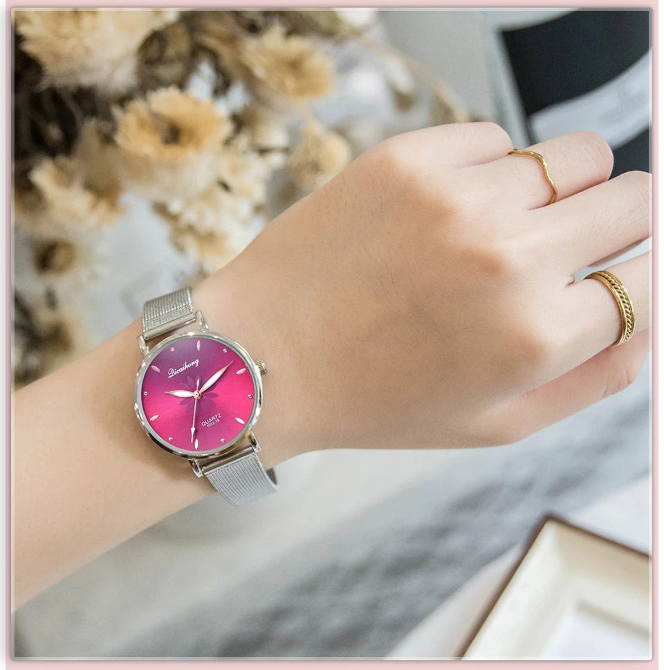 Популярные часы с серебристым ремешком и розовым синим циферблатом с цветами женские часы с металлическим браслетом модные наручные часы подарок для девушек