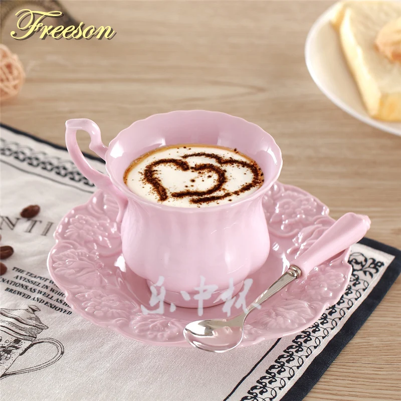 

Elegant Brief Pink Coffee Cup Saucer Set Europe Princess Ceramic Tea cup 180ml Top Porcelain Black TeaCup Tray for Cafe Teatime