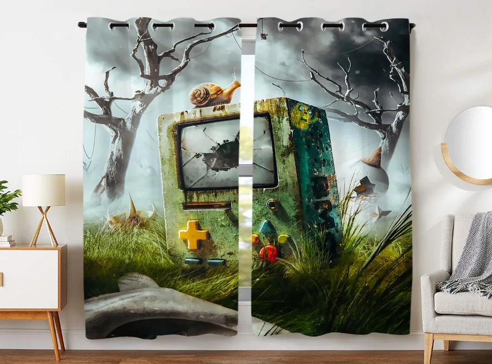 

HommomH Curtains (2 Panel) Grommet Top Darkening Blackout Room Spooky Forest Retro Game Machine Snail