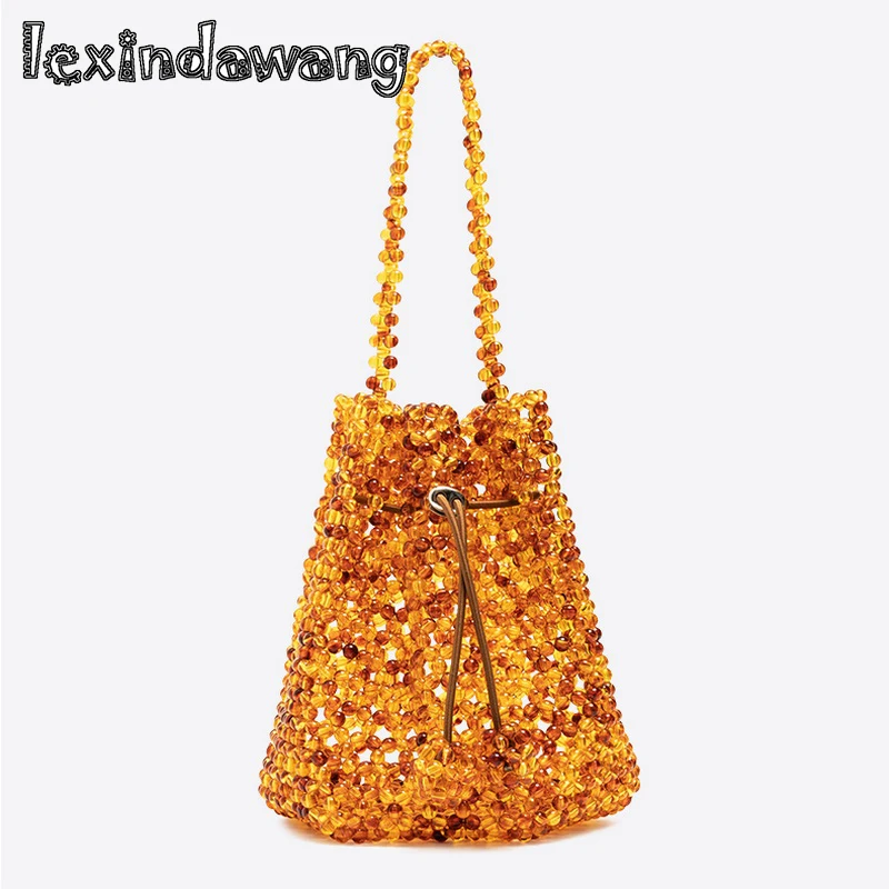 

Pearl Beads Drawstring Bucket Bag 2019 Handmade Weaving Portable Bags Lady Small Vintage Handbags Chic Multicolor Amber Purses