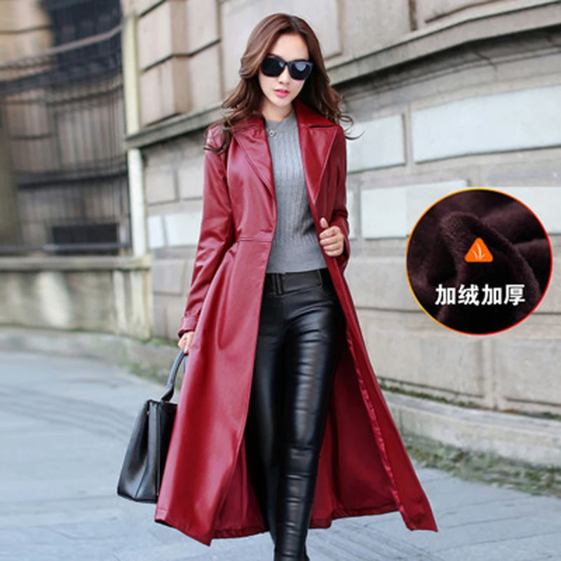 Long Leather Female Thin font b Coat b font 2016 Winter Fashion Large Size font b