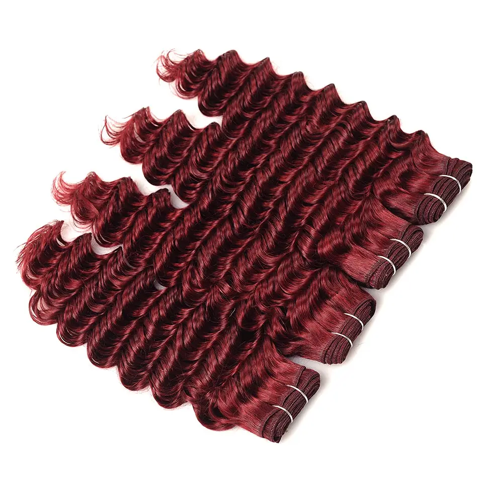 Pinshair Pre-Colored Red Human Hair With Closure 99J Brazilian Deep Wave 3 Bundle With Lace Closure Burgundy Thick Hair Non Remy (32)