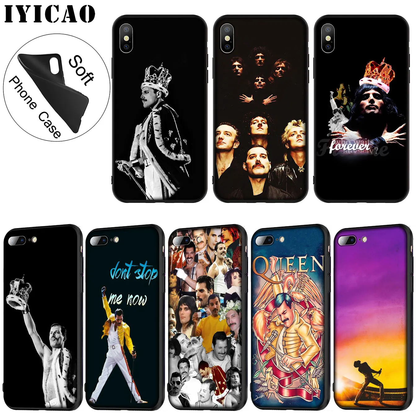 IYICAO Queen Freddie Mercury Soft Silicone Phone Case for iPhone XR X XS 11 Pro Max 6 6S 7 8 Plus 5 5S SE TPU Black Cover |