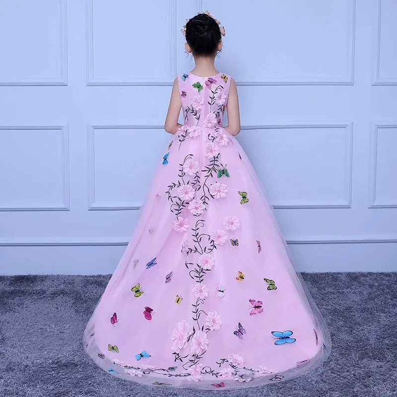 

Baby Kids Luxury Appliques Flowers Elegant Pink/Blue Birthday Wedding Party Long Tail Dress Little Girls Children Evening Dress