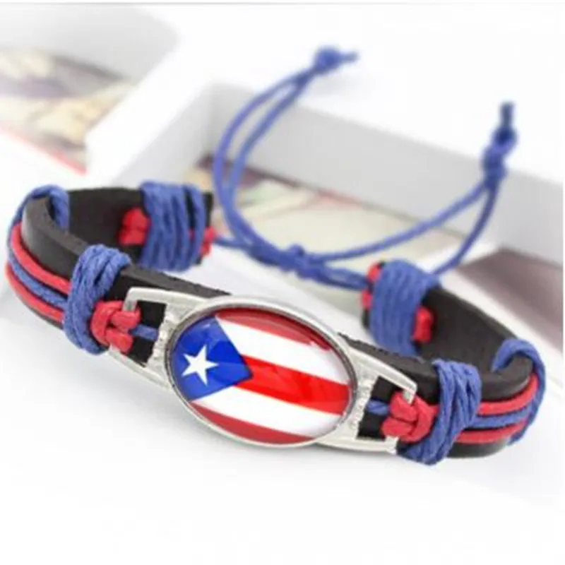 

New Arrival Puerto Rico Flag Charm Real Leather Bracelets & Bangles 18*25mm Glass Cabochon Jewelry For Men Women 10pcs/lot