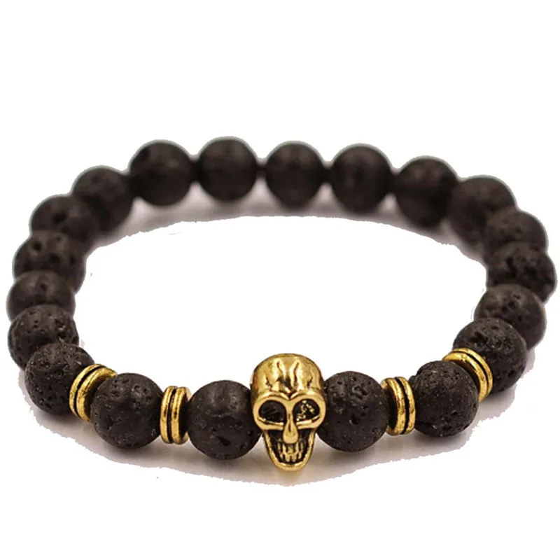 

Black Lava Beads Strand Bracelet Skeleton Pendant Punk Style Natural Stone Jewelry Fashion Cloth Accessories