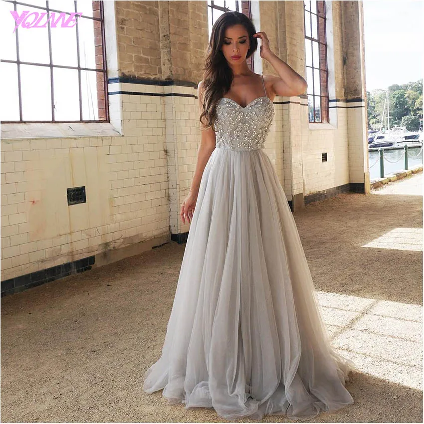 

YQLNNE 2018 Silver Rhinestones Long Prom Dresses Evening Party Dress Straps Tulle Crystals Beaded Vestido De Festa