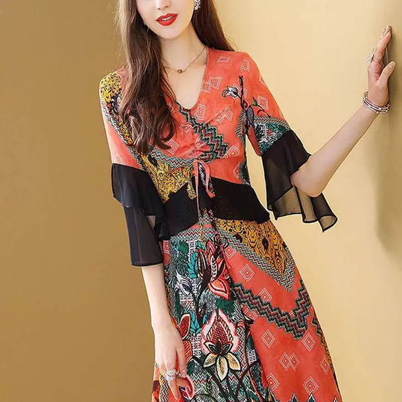 Летние цветочные прерия шик платье повседневное Femme цветок Boho печати Dreeses летняя футболка с карманом миди халат Сарафаны