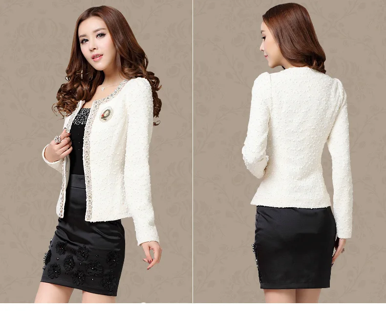 Dingaozlz Autumn-Winter Coat Short Design Women Outerwear Elegant Beaded Diamond Slim Long Sleeve Plus Size Small Jacket M-Xxxl (Us 2-14)